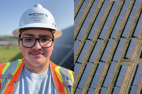 Gabriel Schaefer in hardhat at solar farm.