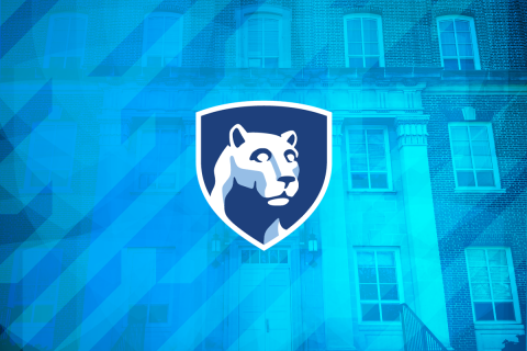 Penn State shield logo in front of abstract blue background.
