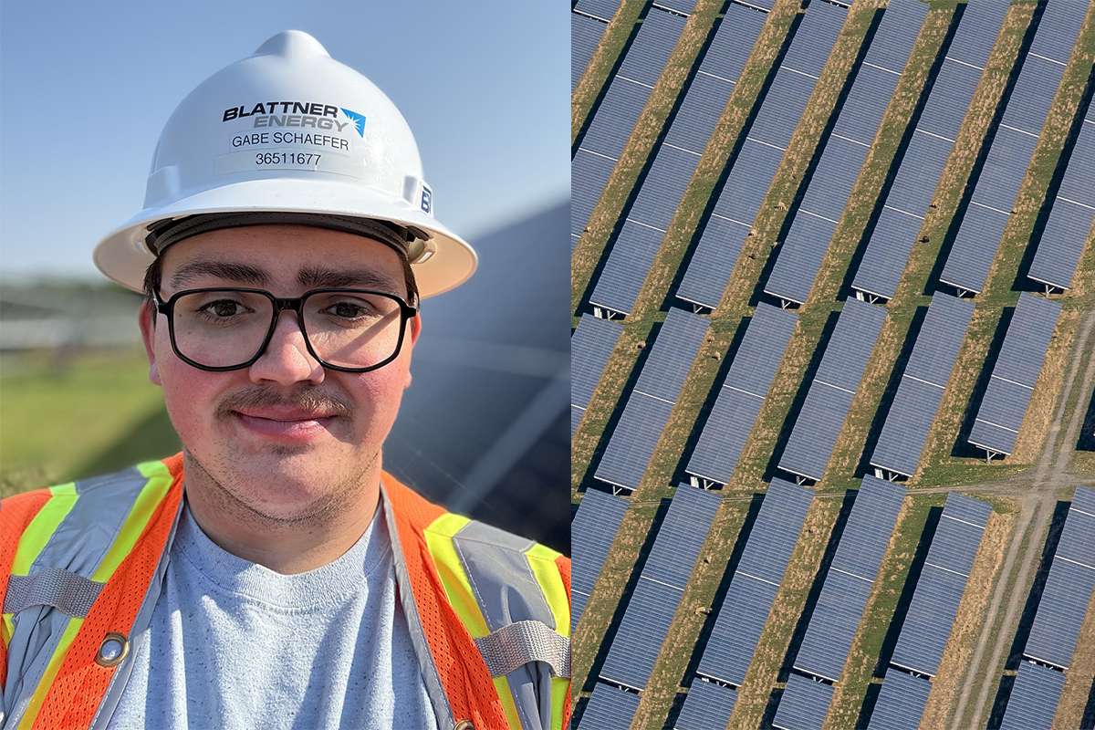 Gabriel Schaefer in hardhat at solar farm.